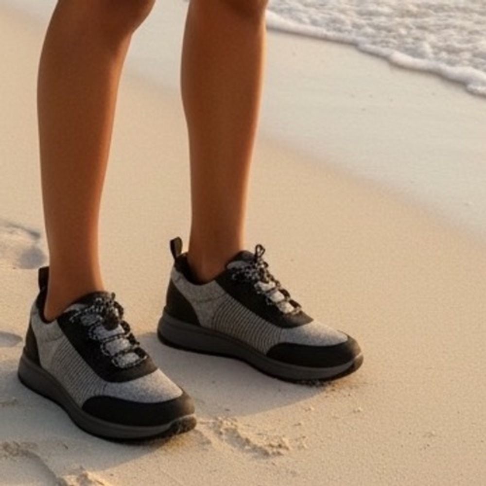 Comfortview Athletic Knit Sneaker Wanita 7M Grey Black Lace Up Wool Fabric Upper